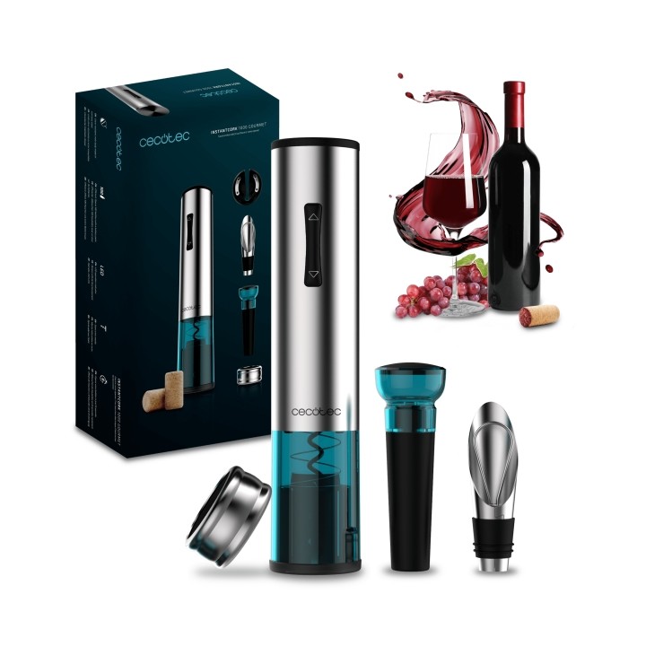 Cecotec InstantCork 1000 Gourmet Sacacorchos Electrico - Apertura en 8 Segundos - Luz LED - Incluye Accesorios - Aguja Helicoida