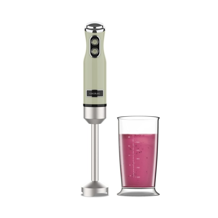 Cecotec Power RetroGreen 1200MAX Batidora de Mano - Potencia 1200W - Vaso de 0.5L - Velocidad Ajustable - Apto para Lavavajillas