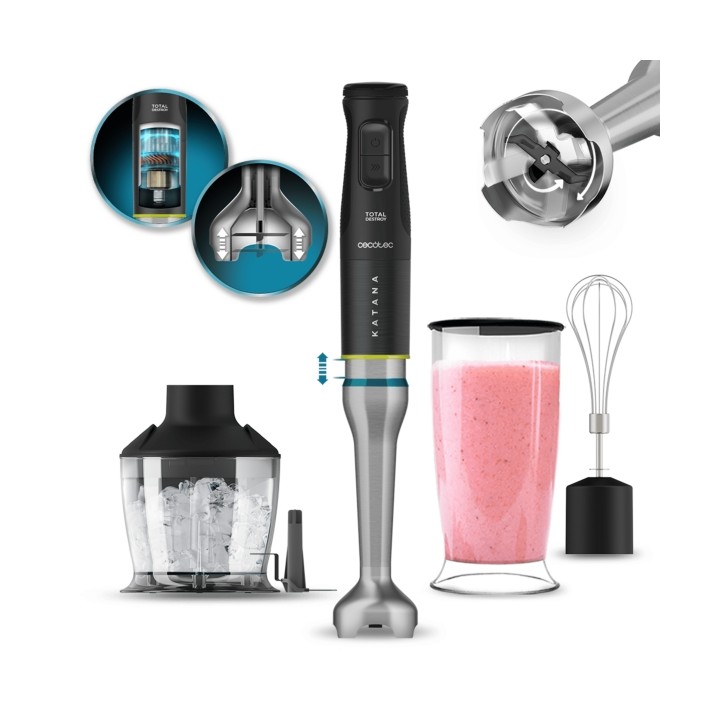 Cecotec Katana 15 TotalDestroy Chop Batidora de Mano - 1500W - Cuchillas de Titanio Efecto Tijera - Funcion Oscilante - Campana