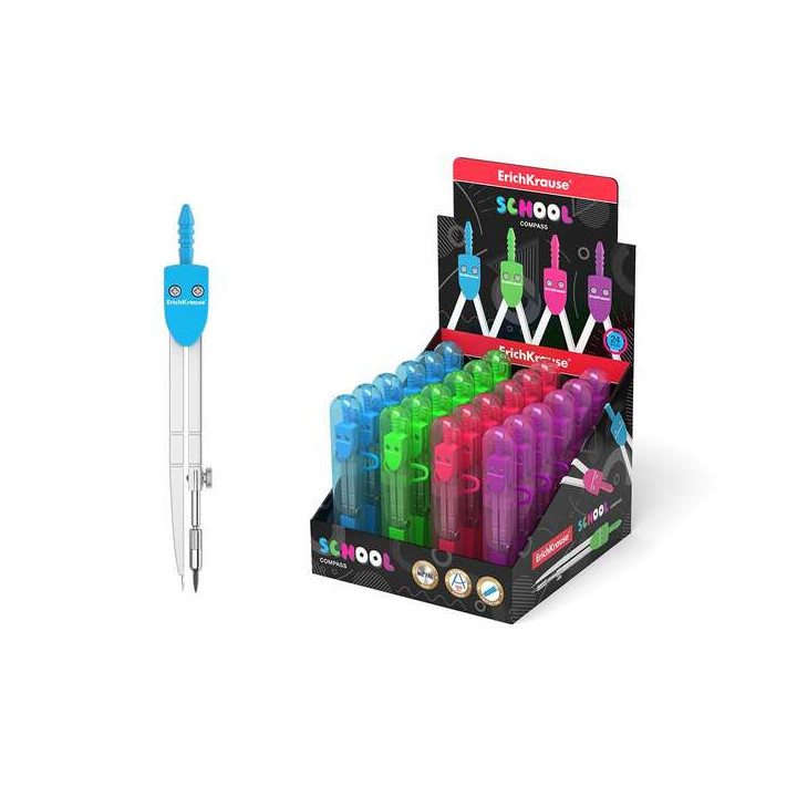 Erichkrause Compas de Metal School 120mm - Radio Maximo 18 cm - Estuche de Plastico con Regla Incluida - Colores Neon - Caja de
