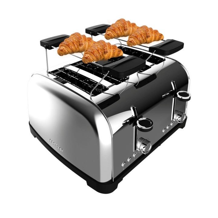 Cecotec Toastin' Time 1700 Double Tostadora de 4 Ranuras Anchas - 1700W - Calienta Panecillos - Autocentrado - Bandeja Recogemig