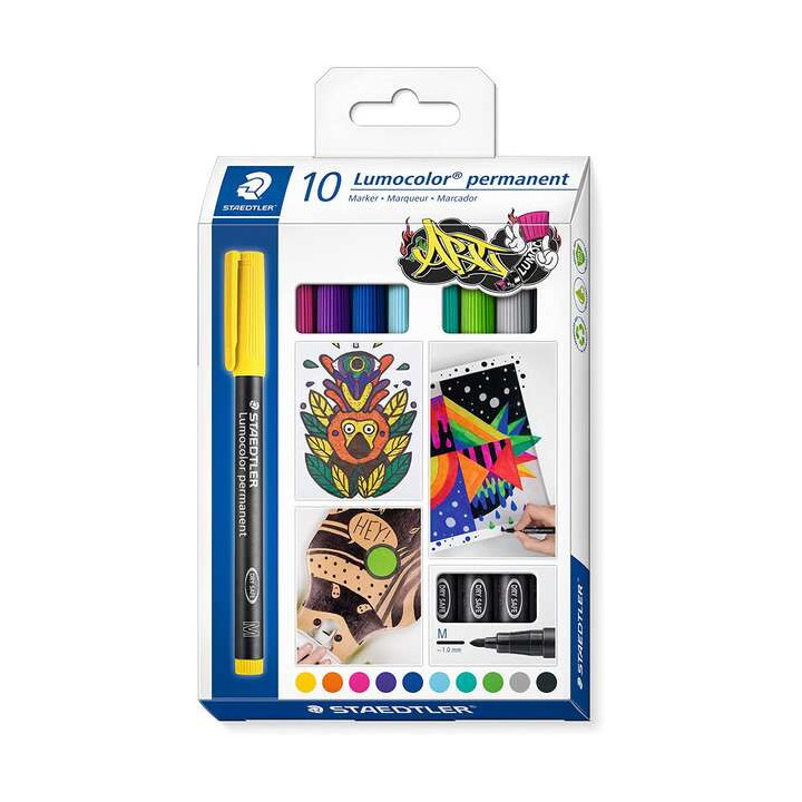 Staedtler Lumocolor 317 Pack de 10 Rotuladores Permanentes - Punta Media Redonda - Trazo 1mm Aprox - Capuchon con Clip - Secado