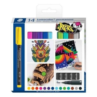 Staedtler Lumocolor 317 Pack de 14 Rotuladores Permanentes - Punta Media Redonda - Trazo 1mm Aprox - Capuchon con Clip - Secado