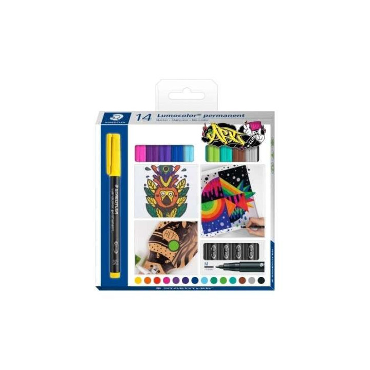 Staedtler Lumocolor 317 Pack de 14 Rotuladores Permanentes - Punta Media Redonda - Trazo 1mm Aprox - Capuchon con Clip - Secado