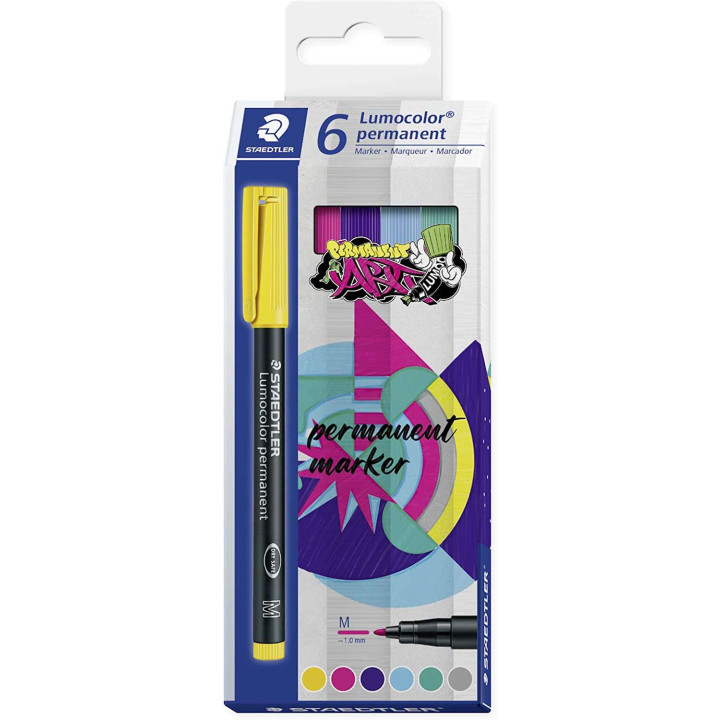 Staedtler Lumocolor 317 Pack de 6 Rotuladores Permanentes - Punta Media Redonda - Trazo 1mm Aprox - Capuchon con Clip - Secado