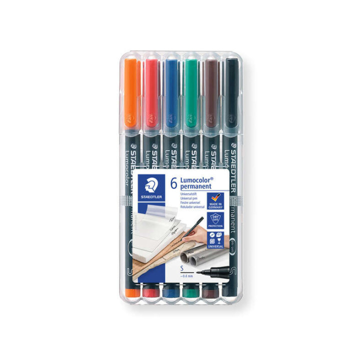 Staedtler Lumocolor 317 Pack de 6 Rotuladores Permanentes - Punta Media Redonda - Trazo 1mm Aprox - Capuchon con Clip - Secado