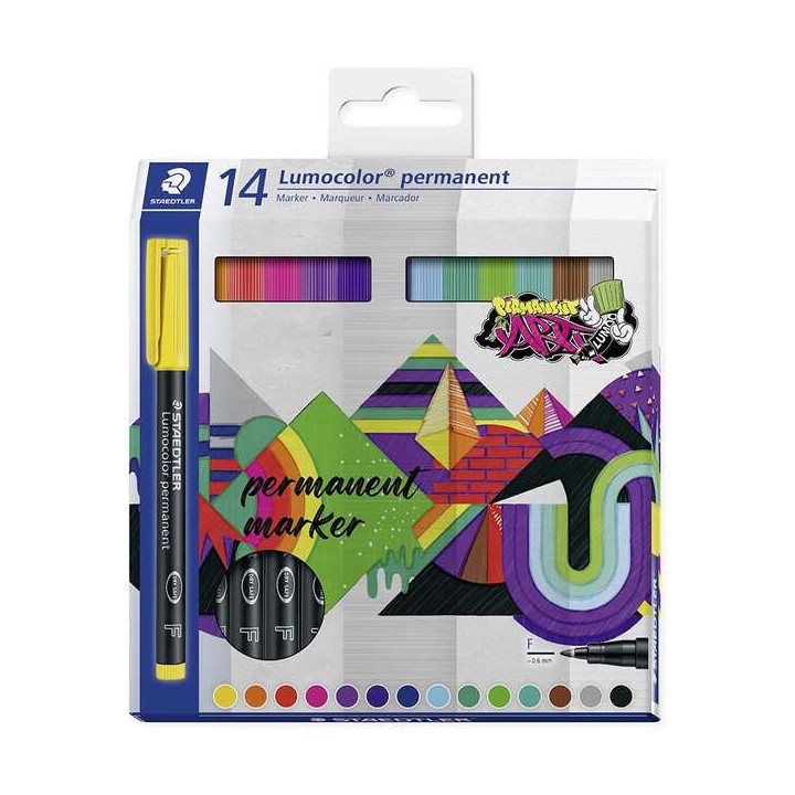 Staedtler Lumocolor 318 Pack de 14 Rotuladores Permanentes - Trazo Fino 0.6mm - Secado Rapido - Muy poco Olor - Colores Surtido