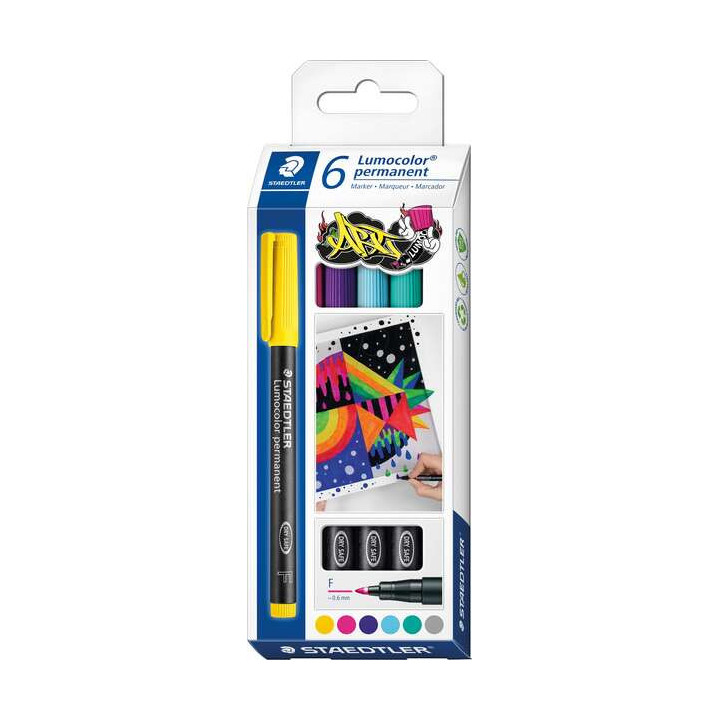 Staedtler Lumocolor 318 C6 Pack de 6 Rotuladores Permanentes - Trazo de 0.6mm Aprox - Secado Rapido - Colores Surtidos