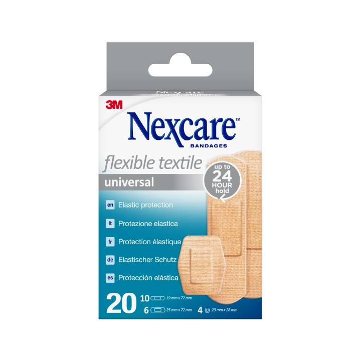 Nexcare Universal Flexible Textile Pack de 20 Apositos Surtidos - Transpirable - Elastico - Color Piel