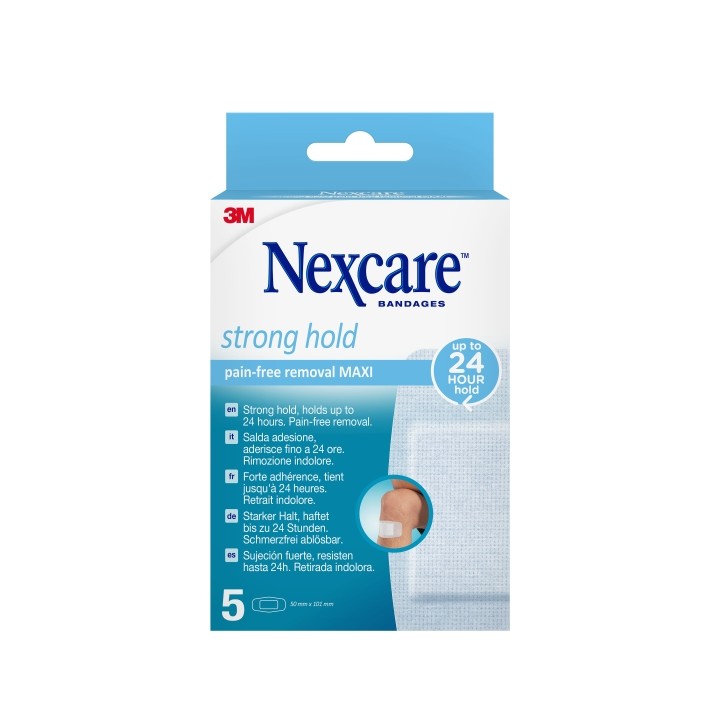 Nexcare Strong Hold Pack de 5 Apositos para Heridas - 50x101mm - Retirada Sin Dolor - Reposicionables - para Pieles Delicadas -