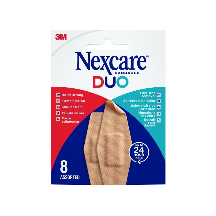 Nexcare Duo Pack de 8 Apositos Surtidos - Retirada Sin Dolor - Resistente al Agua - Transpirable - Color Piel