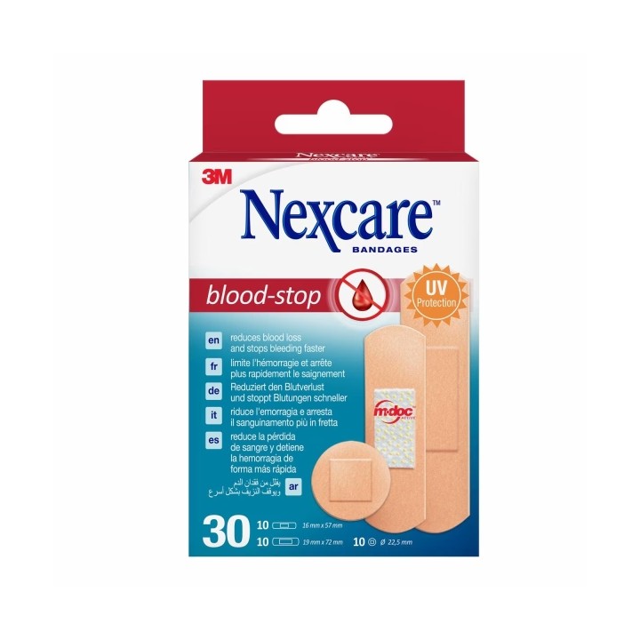 Nexcare Blood-Stop Pack de 30 Apositos Surtidos - Resistente al Agua - Mayor Rapidez Deteniendo Hemorragias - Color Piel