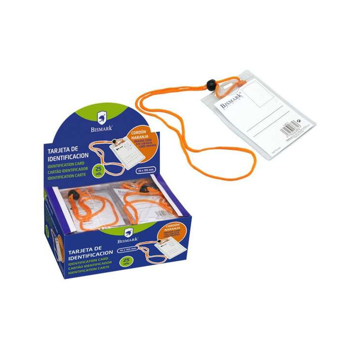 Bismark Portanombres Vertical con Cordon Naranja - Rapida Sustitucion de la Tarjeta - Tarjeta Incluida - Transparente