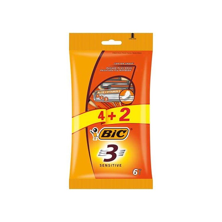 Bic Sensitive 3 Pack de 4+2 Maquinillas de Afeitar Desechables de 3 Hojas - Tira Lubricante con Aloe Vera