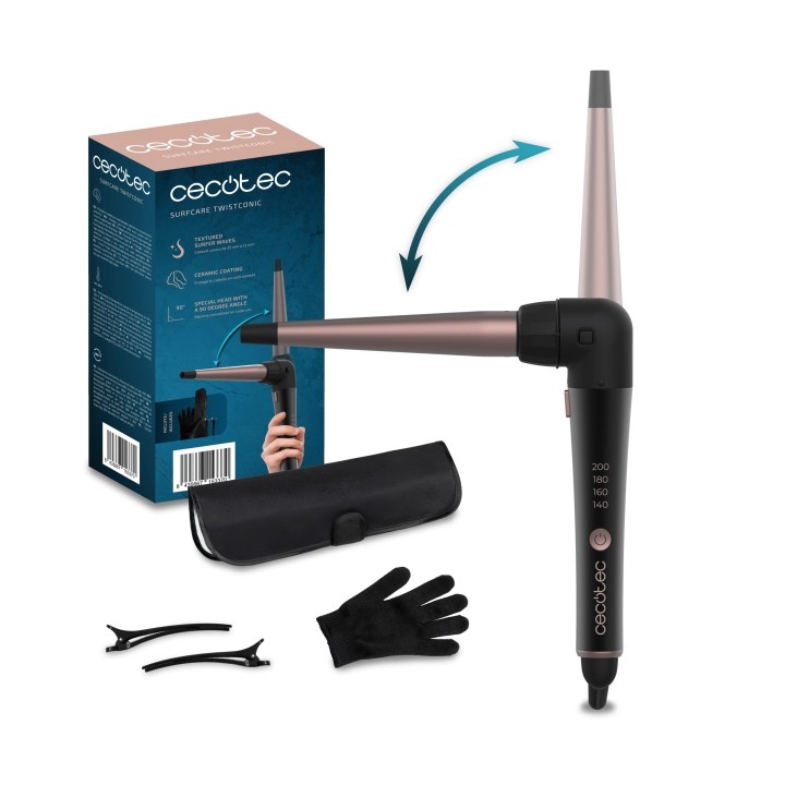 Cecotec SurfCare TwistConic Rizador de 25mm - Codo de 90° - Guante Termico y Estuche - Ceramico - Temperatura de 140 a 200°C - C