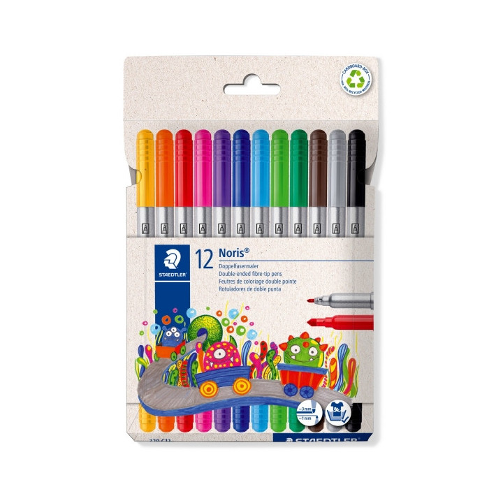 Staedtler Noris 320 Pack de 12 Rotuladores - Doble Punta de Fibra - Trazos 1 y 3mm - Tapa Ventilada - Colores surtidos