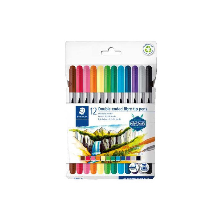 Staedtler 3200 Pack de 12 Rotuladores de Doble Punta - Resistente a la Presion - Colores Surtidos
