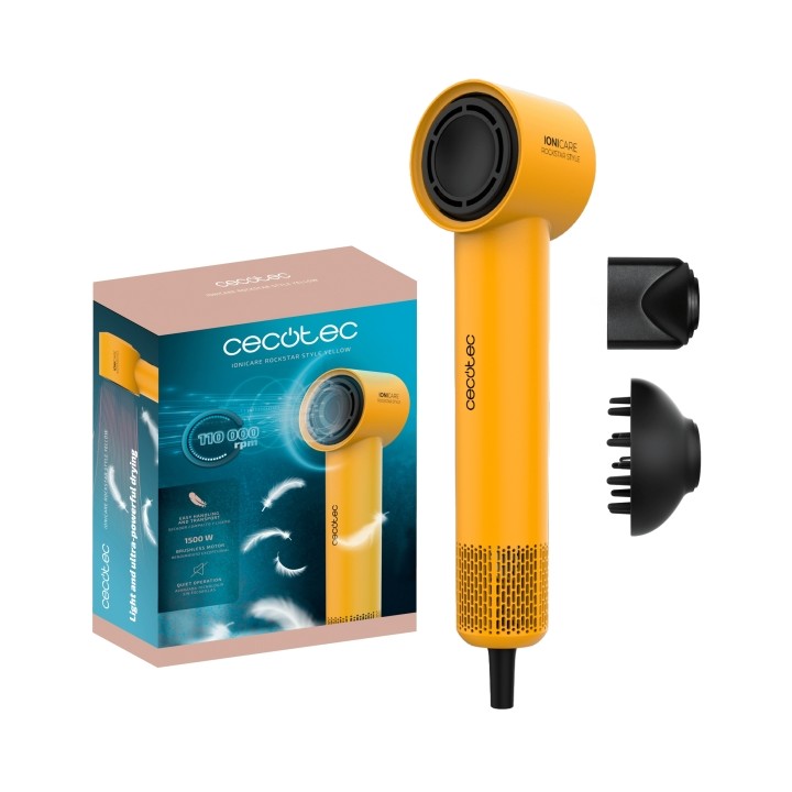 Cecotec IoniCare RockStar Style Yellow Secador de Pelo - Potencia 1500W - Velocidad 110000rpm - Silencioso - Temperatura Regulab