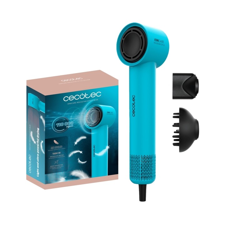 Cecotec IoniCare RockStar Style Blue Secador de Pelo - 1500W - Boquillas Intercambiables - Funcion Silenciosa - Iones Negativos