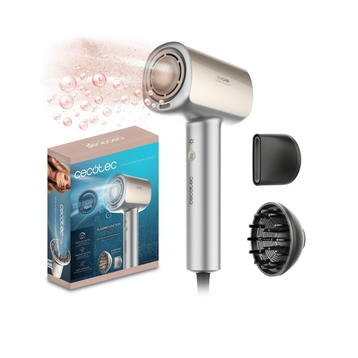 Cecotec DryGlam Nano Plasma Aluminum Secador de Pelo - 1600W - Funcion Aire Frio - Control de Temperatura - 3 Velocidades - Incl