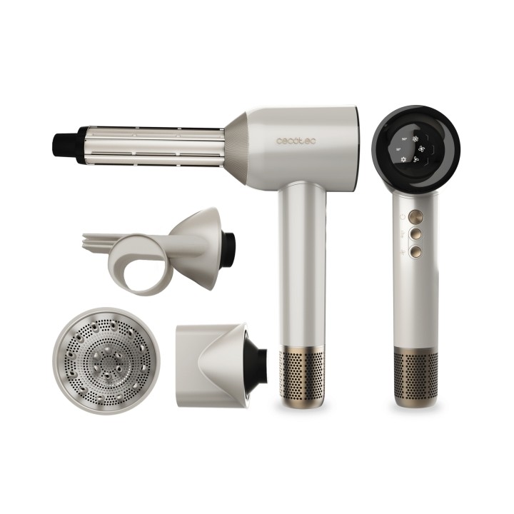 Cecotec DryGlam Waves Champagne Secador de Pelo 4 en 1 - Potencia 1600W - Velocidad 110000rpm - Pantalla Digital - Silencioso -