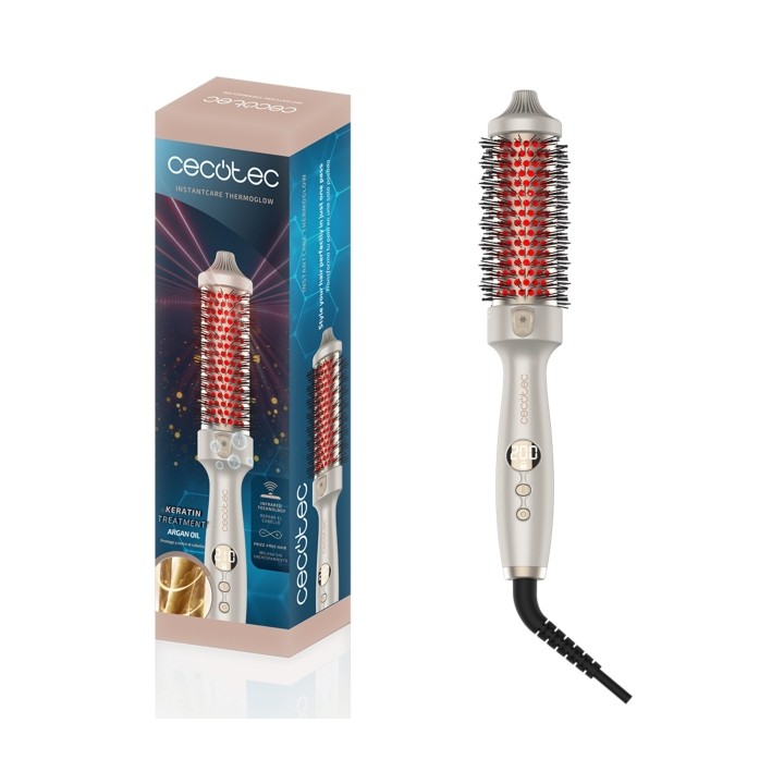 Cecotec InstantCare ThermoGlow Cepillo Alisador - Tecnologia de Infrarrojos - 5 Temperaturas Ajustables - Barril de 38mm - Funci