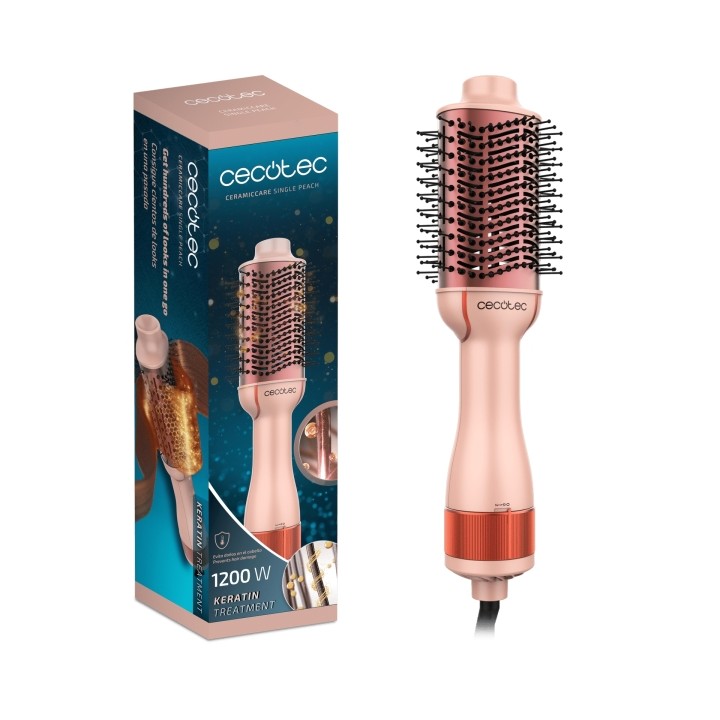 Cecotec CeramicCare Single Peach Cepillo Alisador - Revestimiento Ceramica y Queratina - Cuidado Del Cabello - Brillo y Elastici
