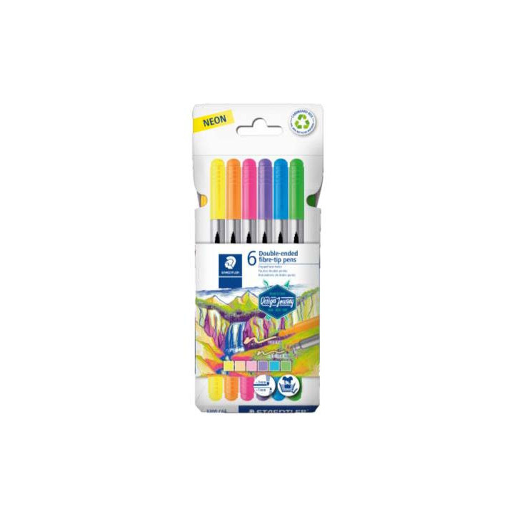 Staedtler 3200 Pack de 6 Rotuladores de Doble Punta - Resistente a la Presion - Colores Neon Surtidos