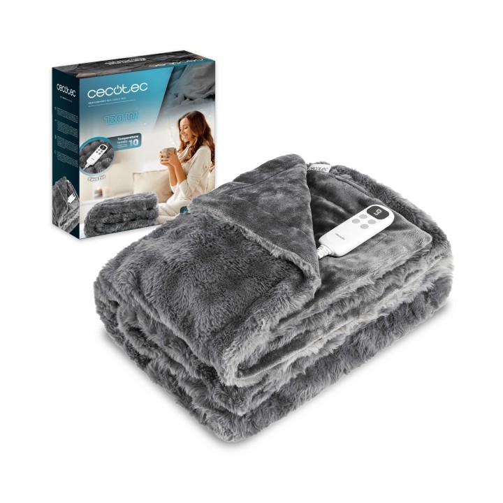 Cecotec HeatConfort Noa Manta Electrica - 130W - Apagado Automatico - Piel Sintetica y Franela - 10 Niveles de Calor - Control L