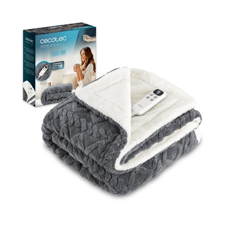 Cecotec HeatConfort Luma Manta Electrica - 130W - Apagado Automatico - 10 Niveles de Calor - Control LCD Extraible - Material Ve