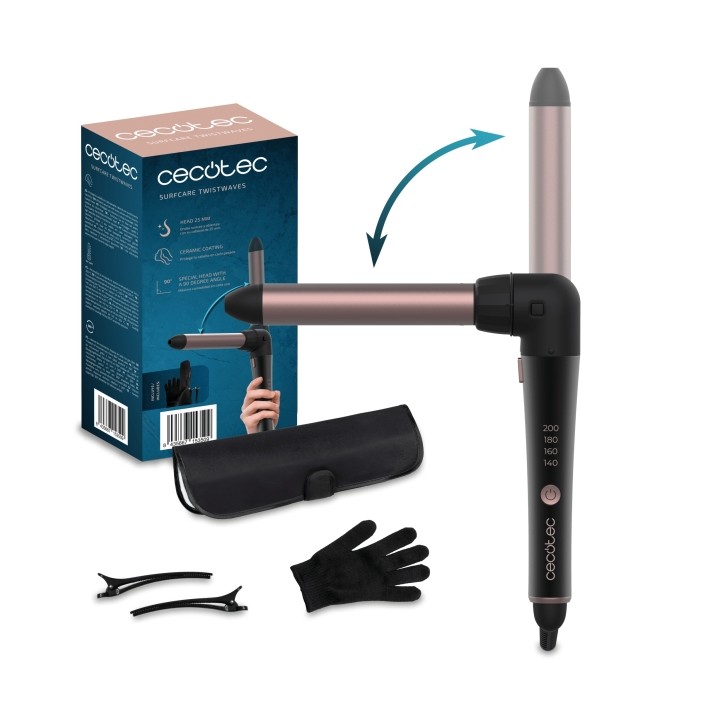 Cecotec SurfCare 3200 TwistWaves Rizador de Pelo de 32mm - Codo de 90 Grados - Temperatura Regulable hasta 200 ºC - Cabezales In