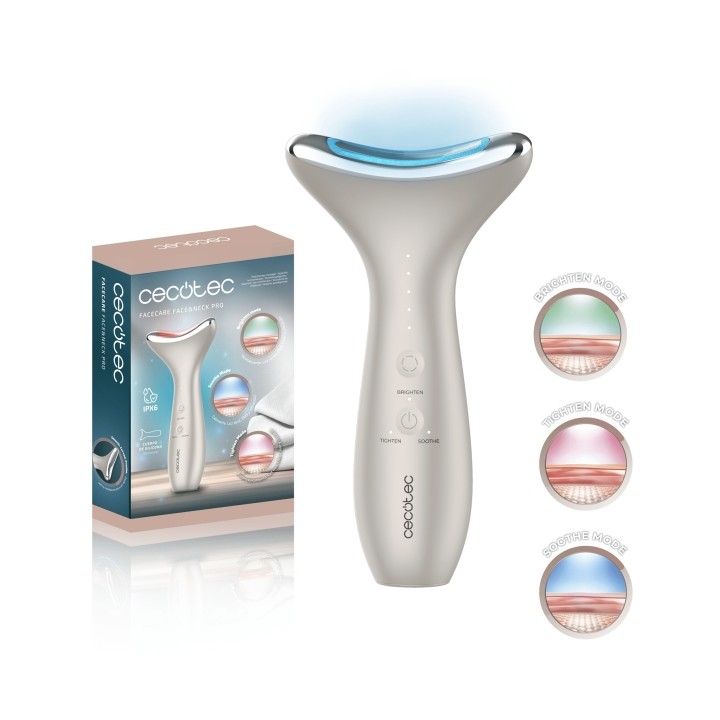 Cecotec FaceCare Face and Neck Pro Cepillo de Fototerapia Facial - Rostro y Cuello - 3 Modos - Luz LED - 5 Niveles de EMS - Vibr