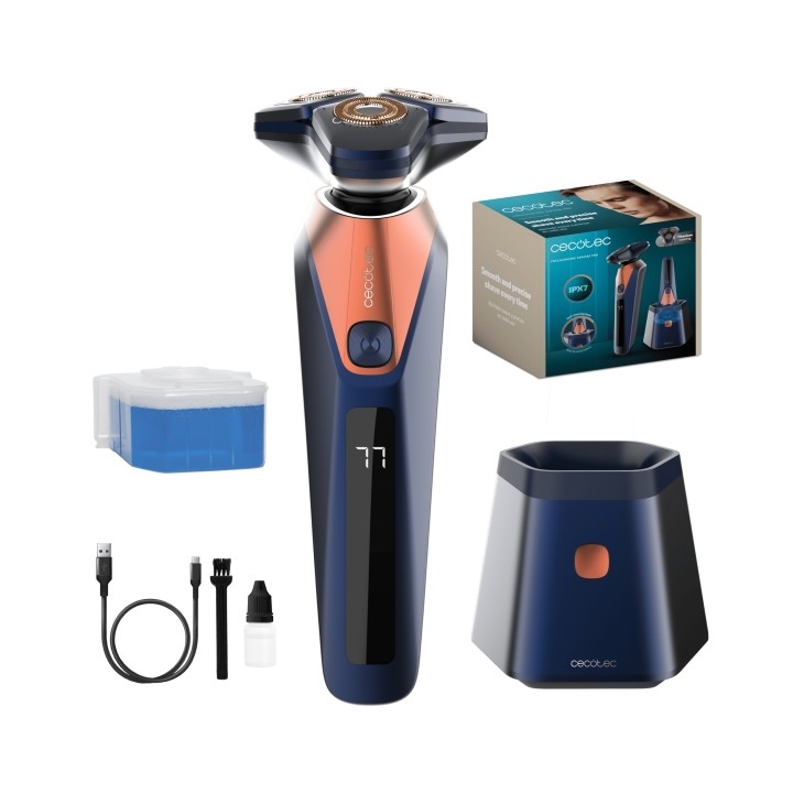 Cecotec PrecisionCare Saphire Pro Afeitadora Rotativa con Base Autolimpieza - Autonomia hasta 90min - Cuchillas de Titanio - Var