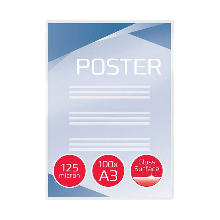 GBC Pack de 100 Carteras Plastificacion A3 con Brillo - Alta Calidad - 125 Micras - Transparente