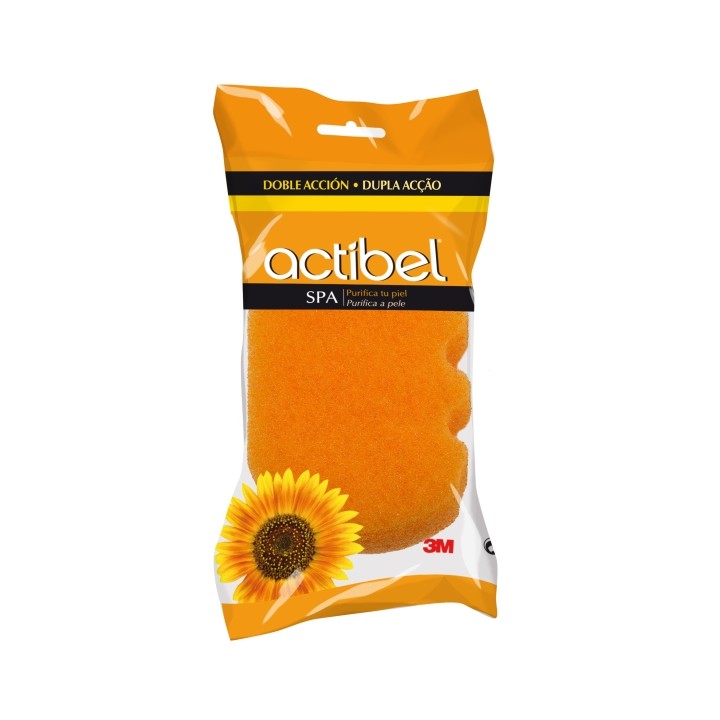 Actibel Spa Esponja Corporal de Doble Accion - 1 Lado Suave - 1 Lado Exfoliante - Ergonomica - Color Naranja