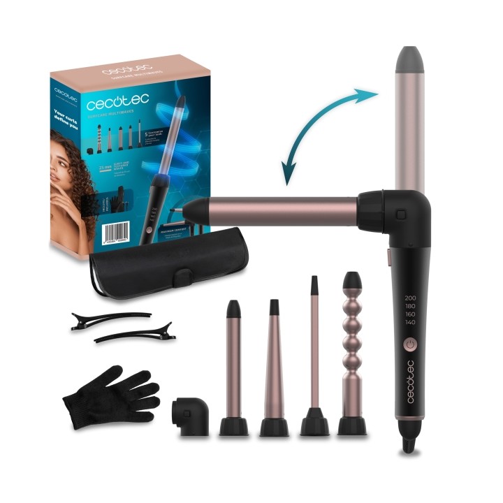 Cecotec SurfCare MultiWaves Rizador de 25mm - Revestimiento Ceramico - Angulo de 90° - Guante y Clips - Cabezales Surtidos - Tem
