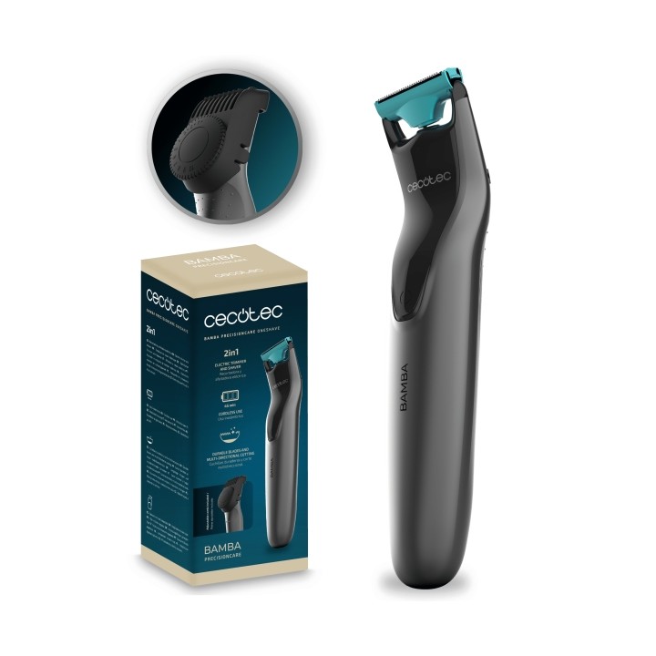 Cecotec Bamba PrecisionCare OneShave Afeitadora Recortadora 2 en 1 - Uso Inalambrico - Cuchillas de Acero Inoxidable - Peine Aju