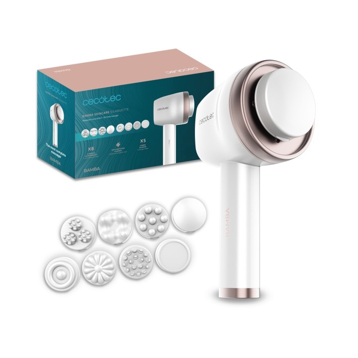 Cecotec Bamba SkinCare Push Up Masajeador Corporal Anticelulitico - 8 Cabezales Intercambiables - Malla Protectora - 5 Modos - A