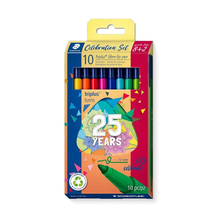 Staedtler Triplus Color 323 Pack de 10 Rotuladores - Trazo 1mm Aprox - Tinta Antisecado - Capuchon Ventilado - Colores Surtidos