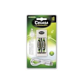 Cegasa Rechargeable Pack con Cargador Compacto de Pilas y Cable USB + 2 Pilas Recargables AA HR6 2000mAh - Cargador Apto para AA