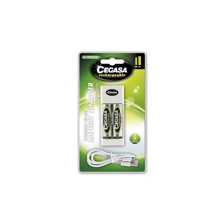Cegasa Rechargeable Pack con Cargador Compacto de Pilas y Cable USB + 2 Pilas Recargables AA HR6 2000mAh - Cargador Apto para AA