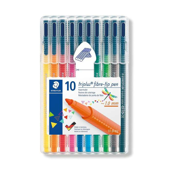 Staedtler Triplus Color 323 Pack de 10 Rotuladores de Punta Fina - Trazo de 1mm Aprox - Tinta Base de Agua - Colores Surtidos