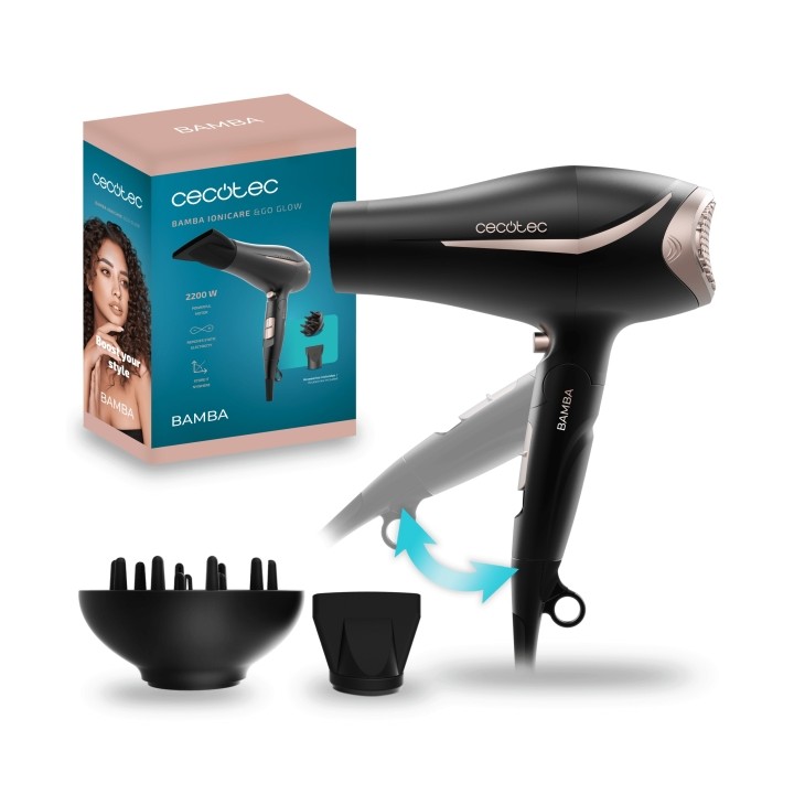 Cecotec Bamba IoniCare and Go Glow Secador de Pelo Plegable - 2200W - Generador de Iones Negativos - Incluye Boquilla y Difusor