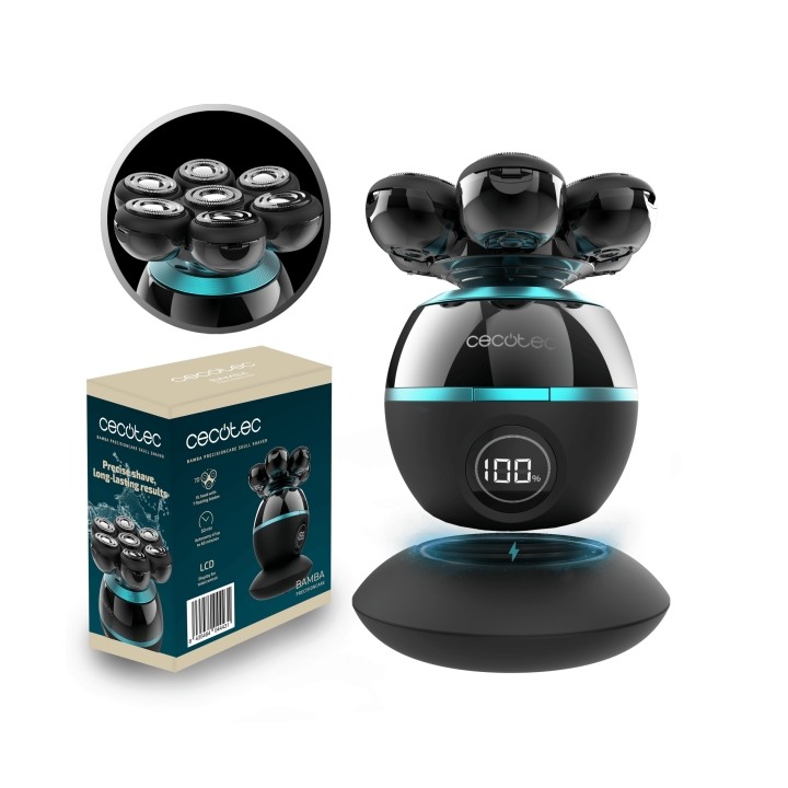 Cecotec Bamba PrecisionCare Skull Shaver Afeitadora Inalambrica para Cabeza - 7 Cuchillas Flotantes - Pantalla de Bateria - Base