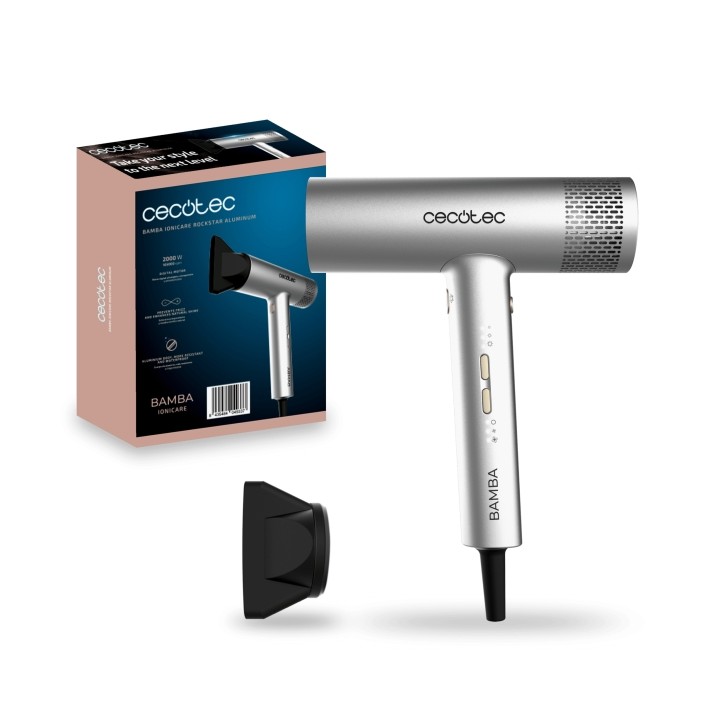 Cecotec Bamba IoniCare RockStar Aluminum Secador de Pelo - 2000W - Iones Negativos - Resistente e Impermeable - Boquilla de Prec