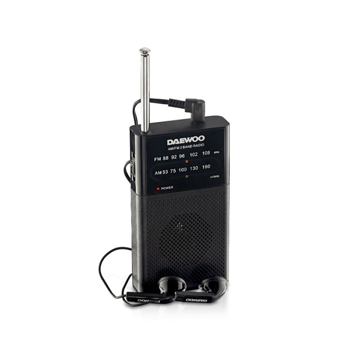 Daewoo Radio AM/FM - Alimentacion a Pilas - Jack 3.5mm - Antena Telescopica - Altavoz Integrado - 130x70x28mm - Color Negro