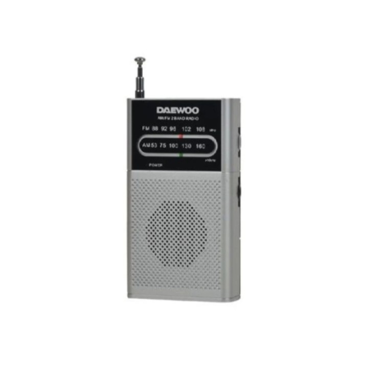 Daewoo Radio AM/FM - Alimentacion a Pilas - Jack 3.5mm - Antena Telescopica - Altavoz Integrado - 130x70x28mm - Color Plata