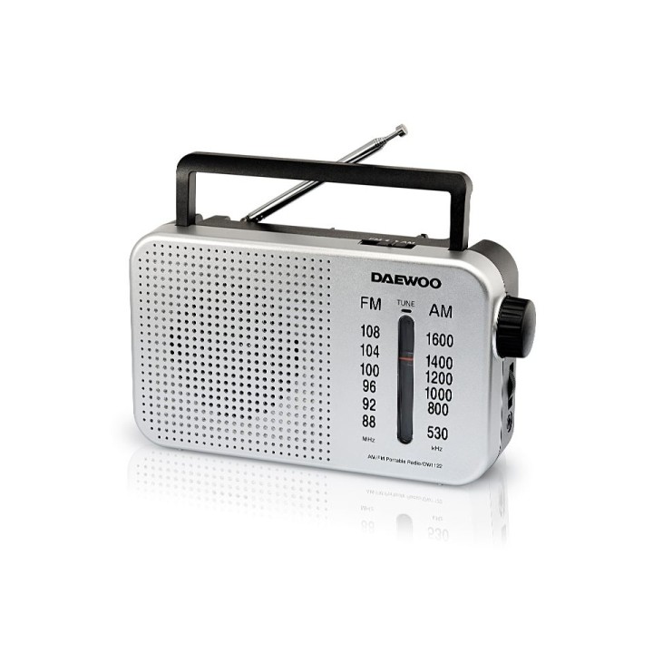 Daewoo Radio AM/FM - Cable 15cm - Jack 3.5mm - Antena Telescopica - Altavoz Integrado - Asa de Transporte - 22x7.5x15cm - Color