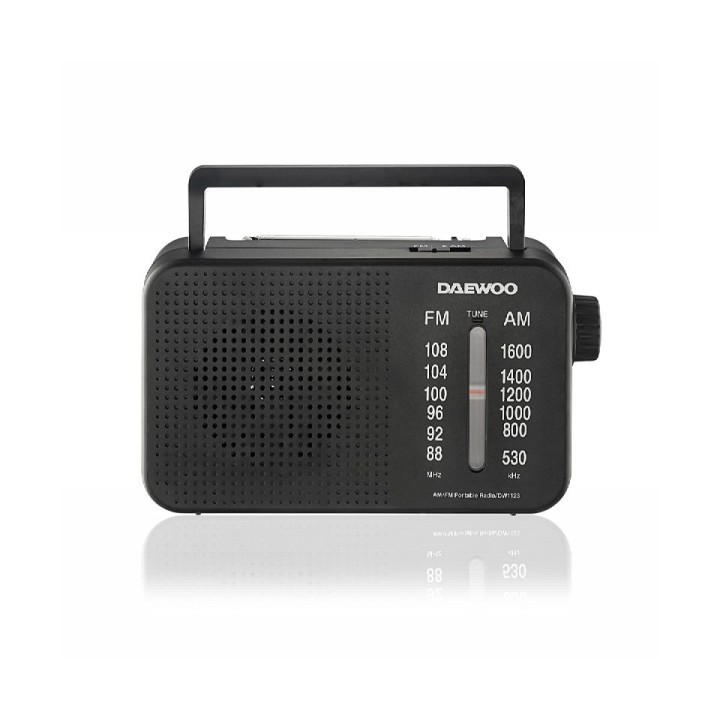 Daewoo Radio AM/FM - Jack 3.5mm - Antena Telescopica - Altavoz Integrado - Asa de Transporte - 22x7.5x15cm - Color Negro
