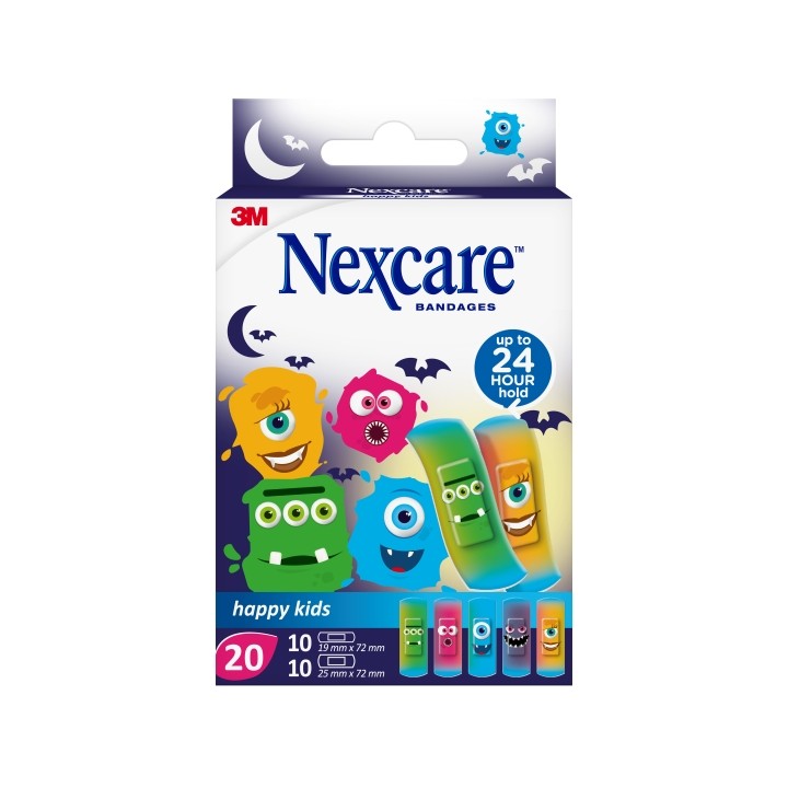 Nexcare Happy Kids Monsters Pack de 20 Apositos Surtidos - Transpirables - para Pieles Delicadas - Color Estampado Infantil